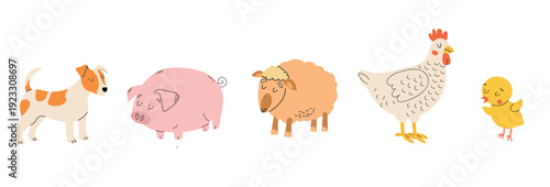 Vector set of cute farm animals and birds isolated on white background. Flat cartoon illustration of domestic livestock including dog, pig, sheep, hen, and chick. Concept for agriculture, countryside 