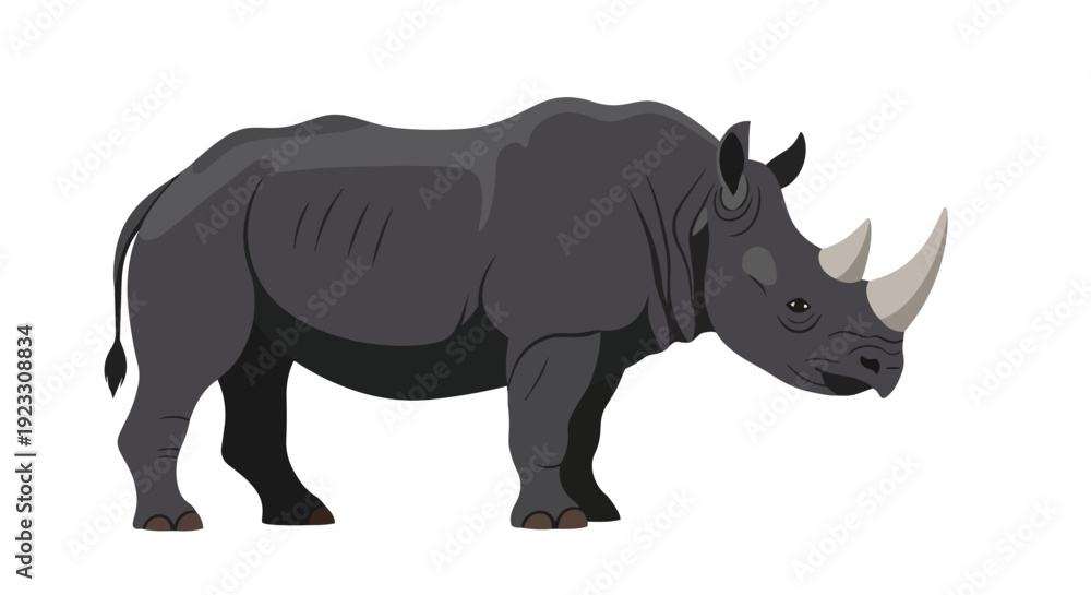 Fototapeta premium Stylized digital illustration of a formidable black rhinoceros showcasing its iconic dual horns and robust physique.
