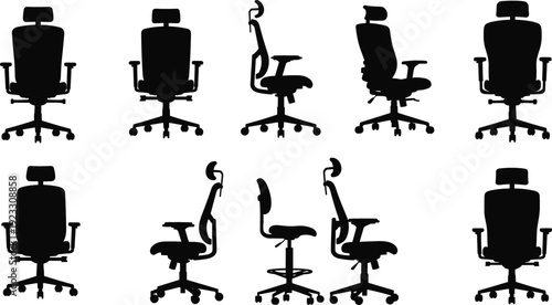 Office Chair Silhouette Set with Different Ergonomic Swivel Seating Designs Black Vector Collection for Workplace and Home Interior Use