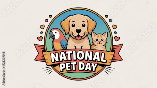 National pet day celebration badge with dog cat and parrot icons