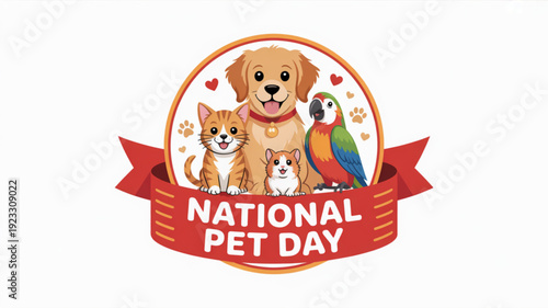 National pet day celebration badge with animals and ribbon