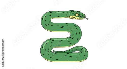 Vibrant emerald green snake illustration with striking black spots and piercing yellow eyes, gracefully coiled in an S-shape, capturing serene