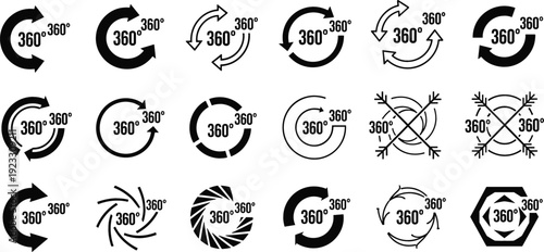 360 Degree Rotation Arrow Icon Set with Circular Motion Symbols and Loading Spin Indicators Vector Collection