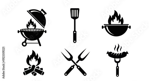 A robust collection of black and white barbecue and grilling icons, illustrating various tools and elements for outdoor cooking events.