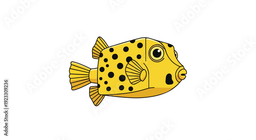 Vibrant yellow boxfish illustration with distinct black polka dots, a whimsical underwater creature design