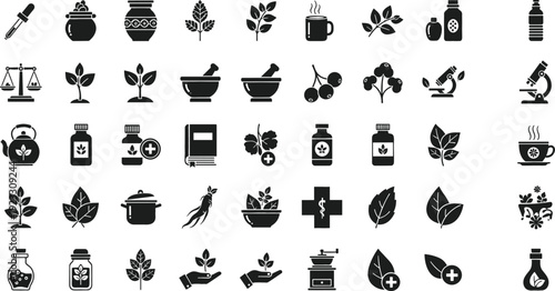 Herbal Medicine and Natural Remedy Icon Set with Mortar, Leaves, Bottles, Tea, and Apothecary Silhouette Vector Collection