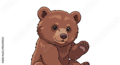Adorable cartoon brown bear cub illustration with a friendly expression and waving paw. Ideal for children's content, playful designs, and charming