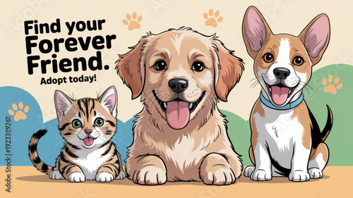 Cheerful pet adoption banner with dog cat and beagle friends