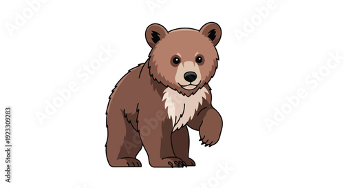 Charming animated brown bear cub illustration, youthful wonder, stands playfully. Ideal for children's educational materials, delightful nature