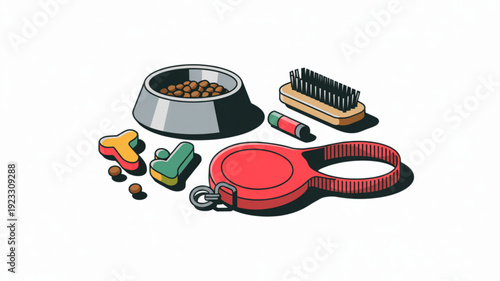 Pet accessories and supplies dog bowl food brush leash toys and treats on white background