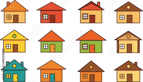 Colorful Cartoon House Icon Set with Different Home Exterior Designs Flat Vector Collection for Real Estate, Property, and Architecture Projects