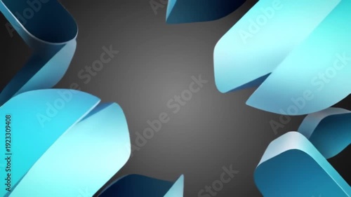 Abstract blue and white ribbons are floating around a dark gray gradient background, creating a modern and dynamic