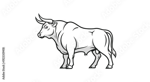 A powerful monochrome bull, rendered with sharp lines in a clear profile. This image highlights its impressive horns and robust musculature,
