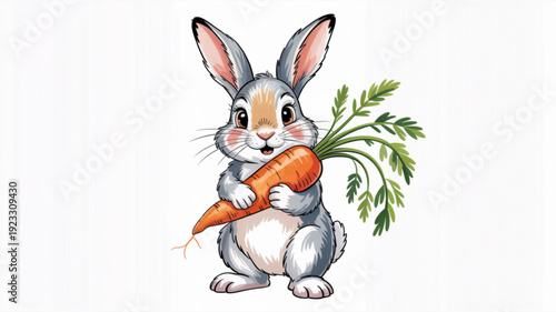 Charming illustrated rabbit holding large orange carrot with green leaves standing alone on white background