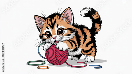 Playful calico kitten playing with red ball of yarn on white background
