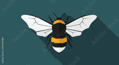 Flat design illustration of a vibrant bumblebee with a long shadow on a teal background capturing essential insect characteristics