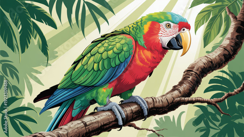 Vibrant colorful parrot perched on branch with tropical leaves background