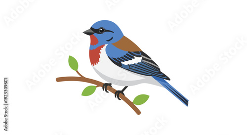 Vibrant avian illustration perched gracefully on a verdant branch showcasing its striking blue and red plumage with a serene white background for