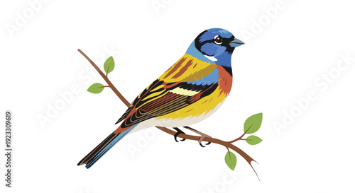 A vibrantly colored avian creature perched delicately upon a slender branch adorned with fresh green leaves, showcasing nature's splendid palette of