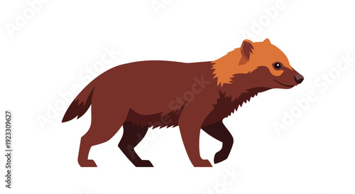 Stylized illustration of a brown forest marten, featuring orange head fur, walking with determination.
