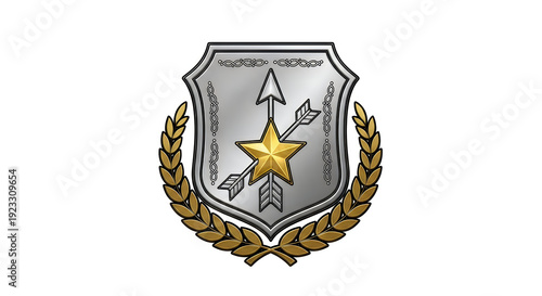 Military coat of arms emblem with shield, arrows, star, and laurel wreath isolated on transparent background