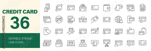 Credit card icon set. Editable line icons. Vector illustration.
