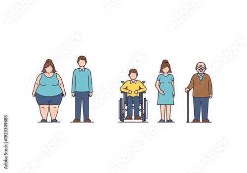 Diverse group of people of different ages sizes and abilities standing together in line representing inclusion and unity concept