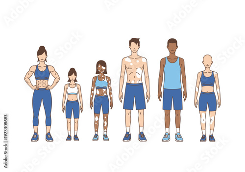 Diverse Human Figures Showcasing Varied Body Types and Skin Conditions in Athletic Attire