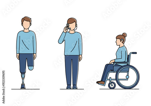 Diverse Individuals Showcasing Modern Prosthetic Technology and Wheelchair Mobility Solutions for Independent Living and Communication