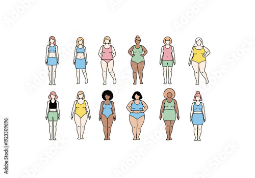 Diverse Collection Of Stylized Female Figures In Various Body Shapes And Attire Standing In A Row Displaying Different Styles And Hues