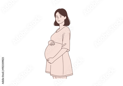 A Pregnant Person Standing Gracefully Holding Their Belly in a Light Colored Dress Against a White Background