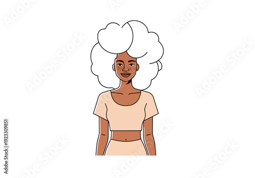 Portrait of a young woman with voluminous curly white hair wearing casual light colored clothing standing against a white background modern flat style