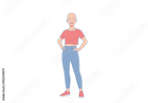 Fashionable Bald Woman Standing Confidently Wearing Casual Outfit Blue Jeans Cropped Top and Sneakers on White Background