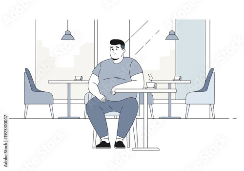 Obese male sitting alone at cafe table looking distressed with mental health struggle illustration
