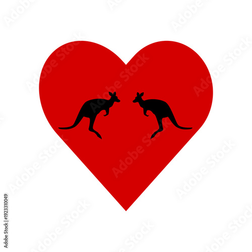 Red heart shape with kangaroo silhouettes isolated on white background
