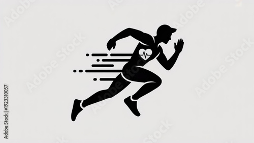 Black silhouette of a man running fast with motion lines on gray background
