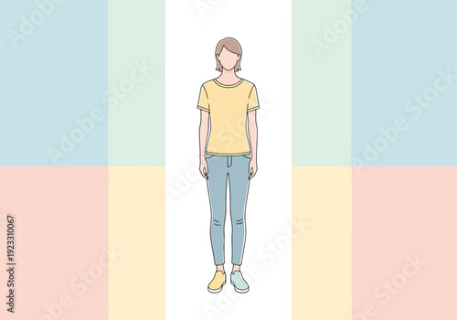 Full Body Front View Person Standing Isolated Simple Illustration Casual Attire Over Pastel Color Block Background