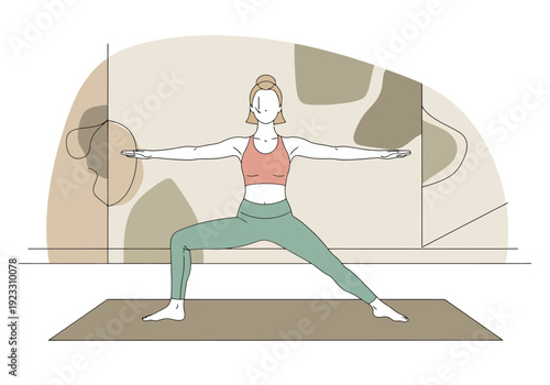 Woman Practicing Warrior Two Pose Yoga Asana Balance Strength Flexibility Fitness Healthy Lifestyle Active Wellness