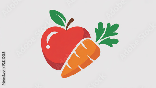 Fresh fruit and vegetable icon with red apple and orange carrot