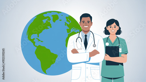 Medical professionals standing beside a globe symbolizing global healthcare