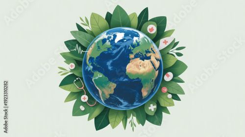 Earth surrounded by lush green leaves and flowers on light background