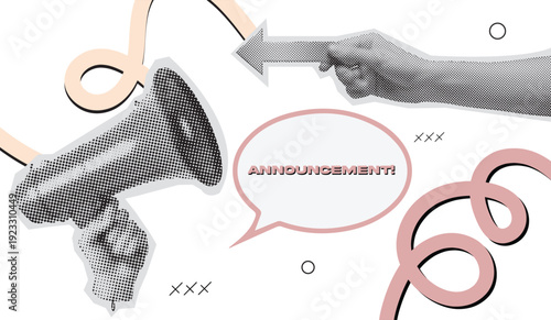 Megaphone and hand pointing at announcement speech bubble in pink retro halftone collage style