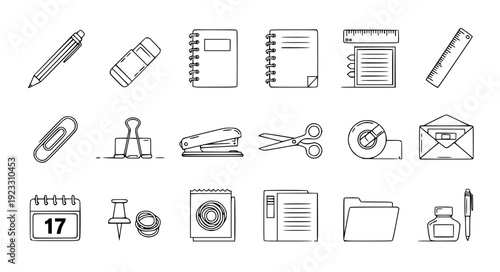 Modern Monoline Stationery Icons Set with Pen Pencil Eraser Notebook Paperclip Binder and Office Supplies Outline Vector EPS10