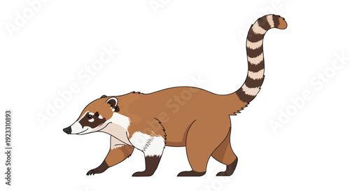 Cartoon coati with a long striped tail walking, isolated animal illustration in a bright, clean, and simple graphic style, perfect for children's