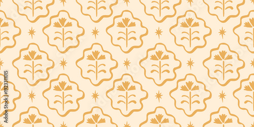 Seamless pattern with freehand ink doodle abstract flowers on butter yellow. Trendy floral block print background. Hand drawn vector illustration. Boho, cottage core, retro wallpaper.