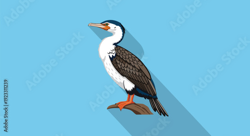 Stylized cormorant bird standing on a branch with long shadow against a bright blue background