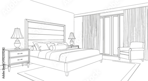 Architectural bedroom interior line drawing featuring luxury upholstered bed lounge seating and large floor-to-ceiling windows