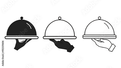 Restaurant service icon showing waiter hand holding covered serving tray cloche in solid and outline styles