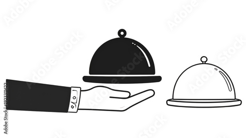 Restaurant service icon showing waiter hand holding covered serving tray cloche in solid and outline styles