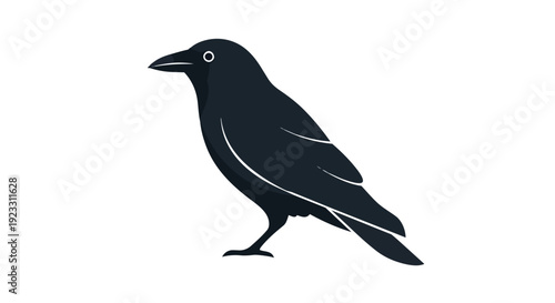 Elegant black corvid illustration, a dignified raven or crow standing in profile, rendered in a striking minimalist vector style against a pure
